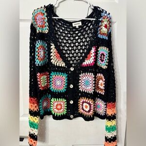 ADORA Black Crochet Granny-Square Button Cardigan with Multicolor Accents